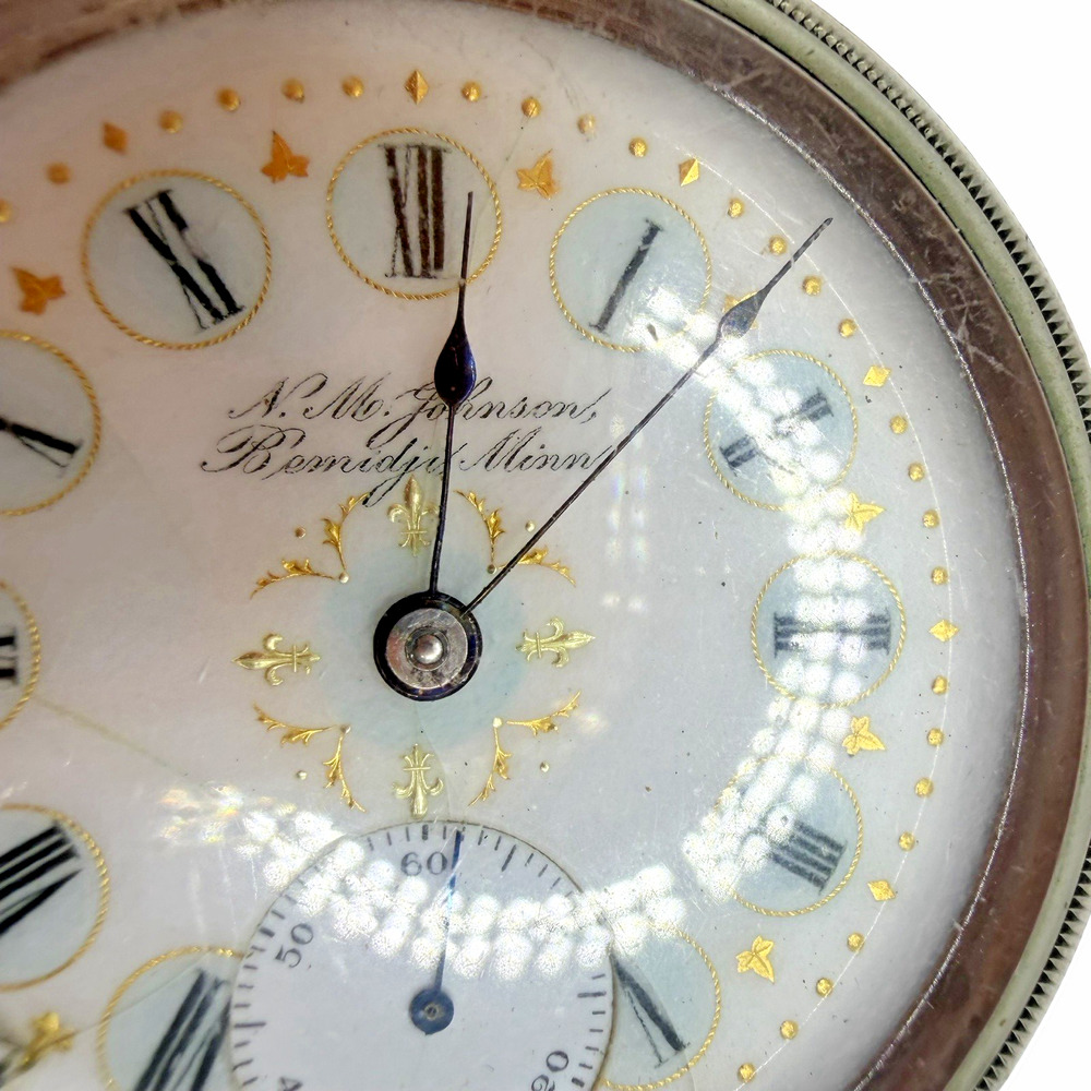 Antique NM Johnson Bemidji MN Pocket Watch Fancy Dial Thick Crystal Runs - Picture 11 of 15